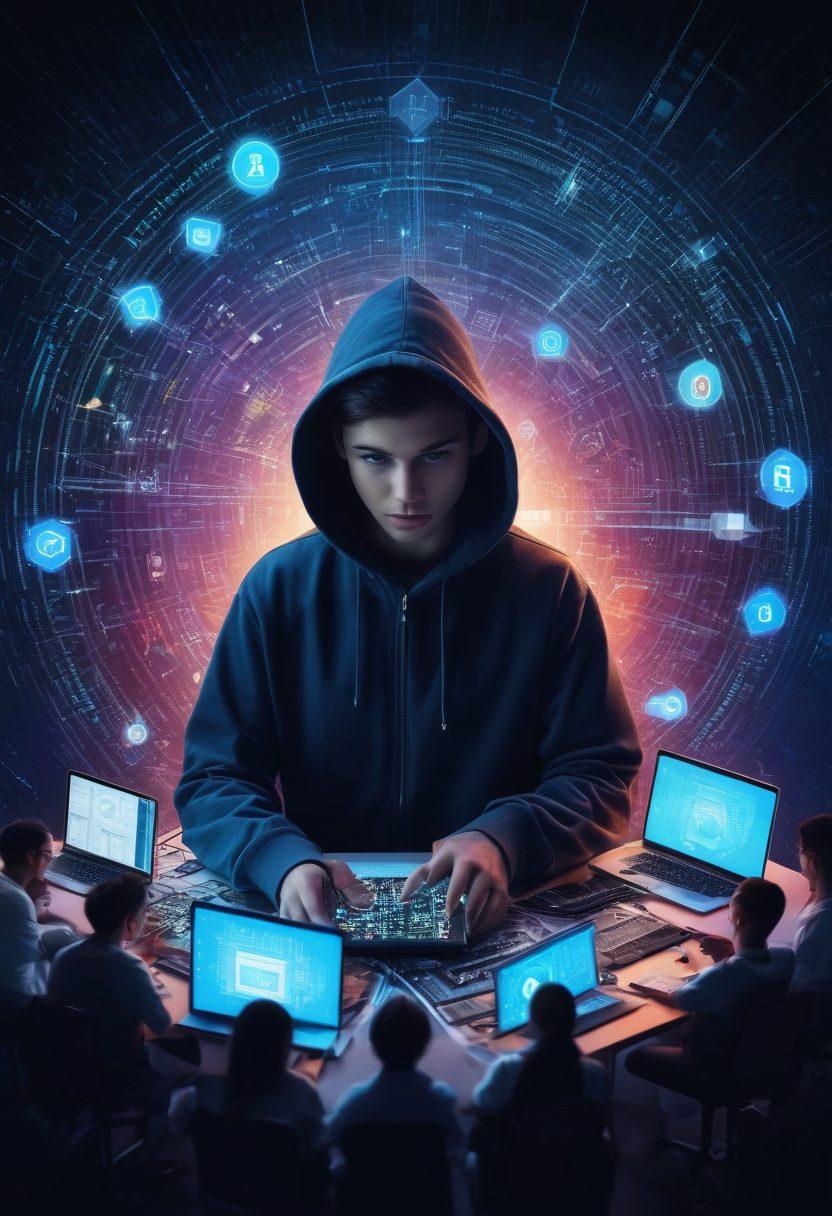 A visually striking collage depicting a diverse group of individuals engaged in ethical hacking activities, surrounded by cybersecurity symbols like locks and shields. Incorporate a digital landscape with binary code and circuit patterns in the background, emphasizing the theme of learning and empowerment. Include a bright color palette to enhance engagement and invoke a sense of excitement about cybersecurity. Include elements such as books, laptops, and online courses. vibrant colors. super-realistic.