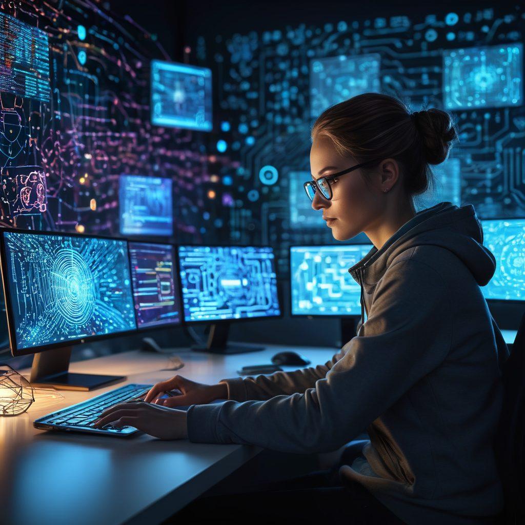 An inspiring scene of a person surrounded by glowing holographic code and hacking symbols, engaged in interactive learning. They are seated at a futuristic desk with coding tools and a laptop displaying intricate algorithms, with digital screens in the background showcasing cybersecurity concepts. Use vibrant colors to highlight the energy of mastering skills and unlocking potential. The atmosphere should feel immersive and motivating. super-realistic. vibrant colors. digital art.