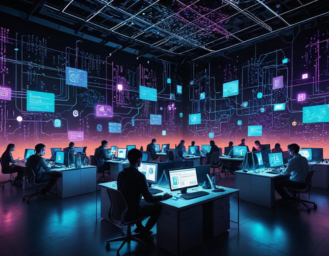 A digital landscape featuring diverse individuals engaged in online courses, surrounded by code snippets, hacking tools, and vibrant tech symbols. The scene should convey a sense of community and collaboration, with elements like laptops, chat bubbles, and glowing screens showcasing the learning process. A backdrop of futuristic cityscapes or networks, symbolizing the digital world. cyberpunk. vibrant colors. 3D.